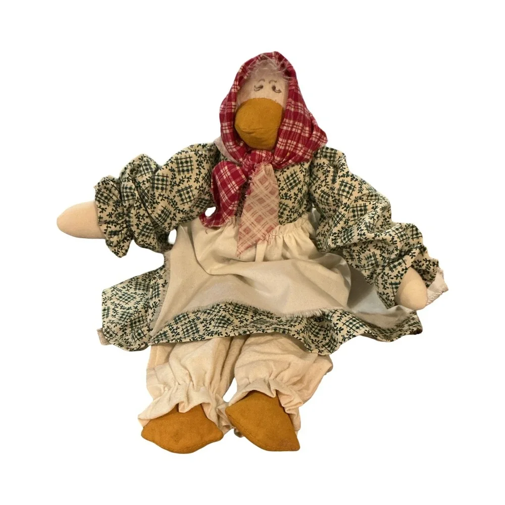 Vintage Primitive Handcrafted Cloth Duck Doll Folk Art Green Calico 12.5 Inch